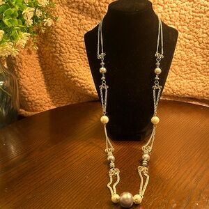 Long silver-tone chain with faux pearls and aurora borealis beaded necklace